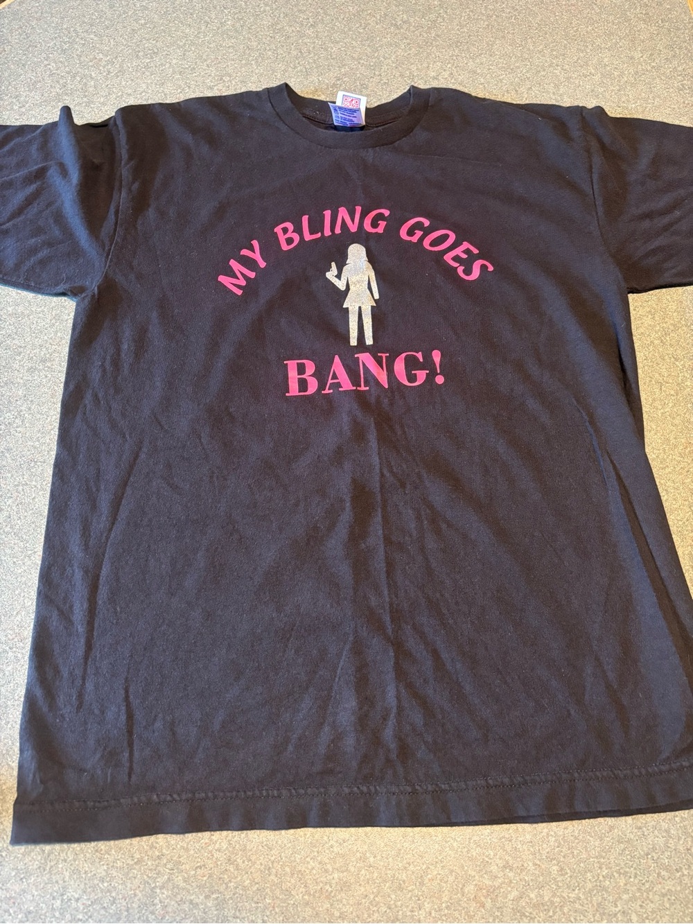 Women’s Tee with Pink and Silver Print - My Bling Goes Bang!